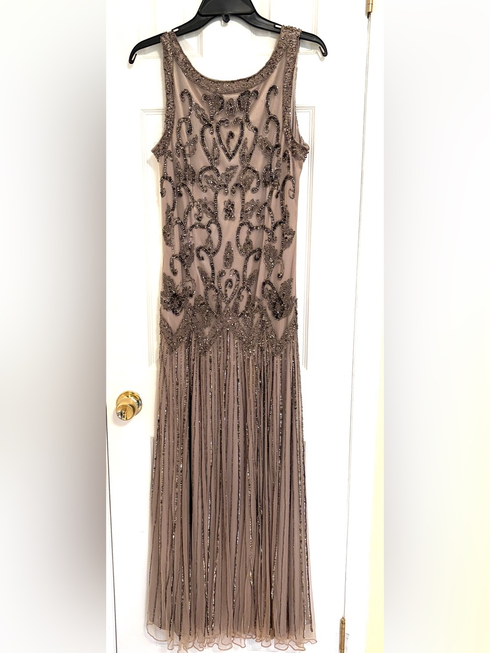 Pisarro Nights Silver Beaded Gray Mesh Evening Dress Size L